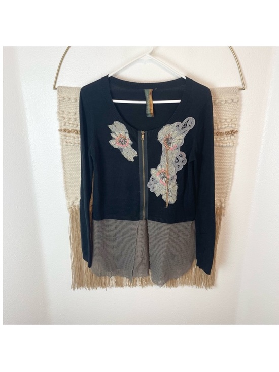 Anthropologie Aratta Silent Journey Black and Gray Embroidered Cardigan S
